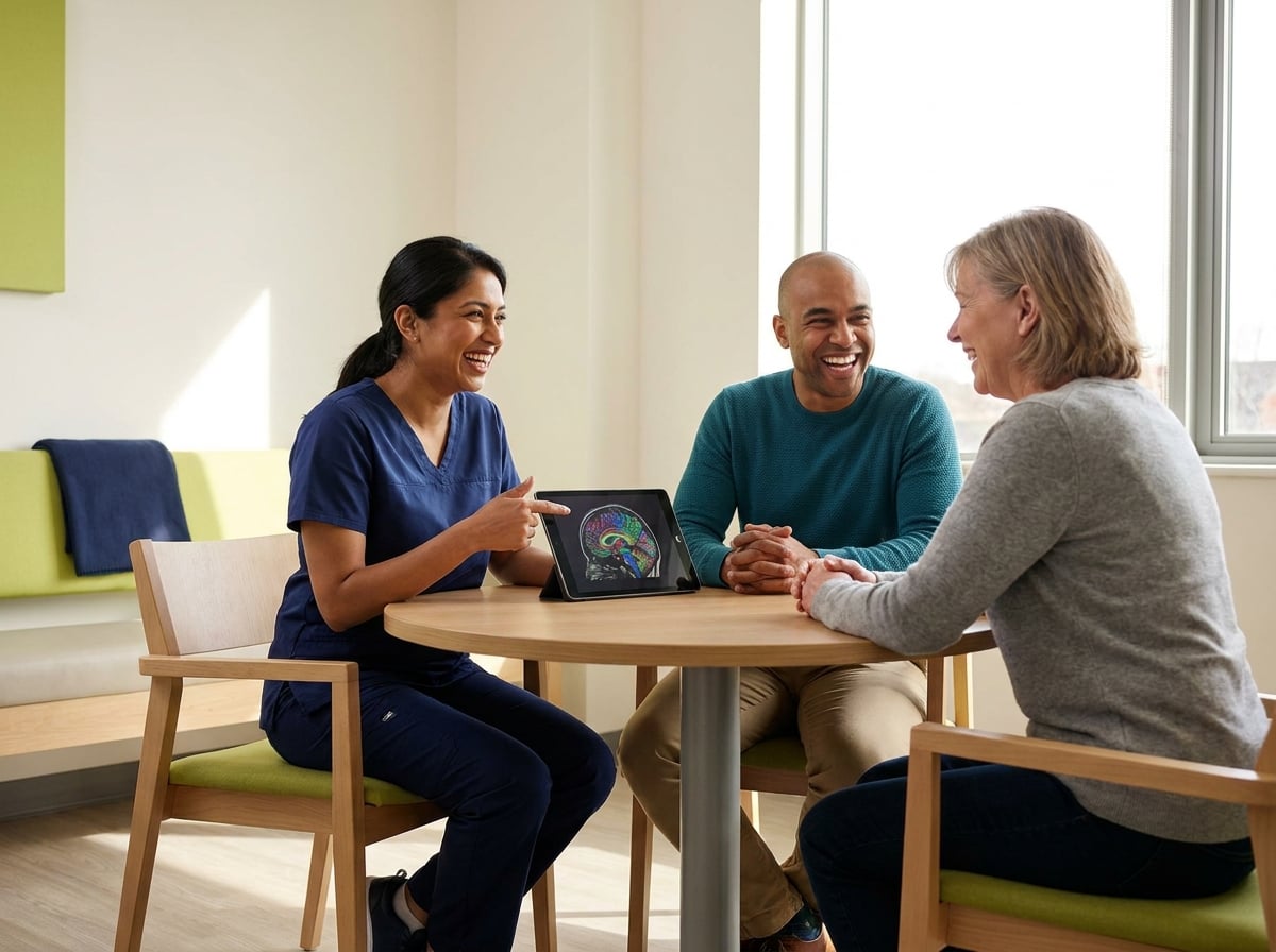 Two Brain Restore Centers care team members reviewing a brain scan on a tablet with a smiling patient in a bright clinic consultation room